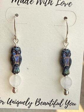 Handmade Iridescent Czech Glass Owl Dangle 925 Sterling Earrings with Selenite
